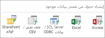 مجموعات من مصادر البيانات: Access وExcel وبيانات SQL Server/ODBC وText/CSV وقائمة SharePoint.