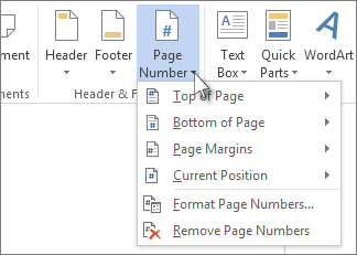Image of the Page Number button and menu in the Header & Footer group on Insert Ribbon.