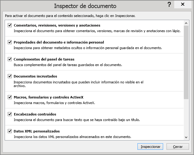 Se muestran las opciones del cuadro de diálogo Inspector de documento.