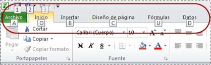 KeyTips que aparecen en la cinta de opciones