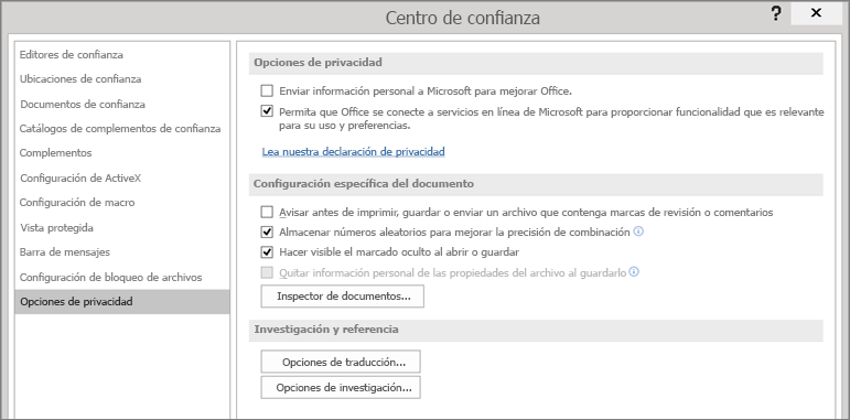 Se muestran las opciones de privacidad en el Centro de confianza de Office