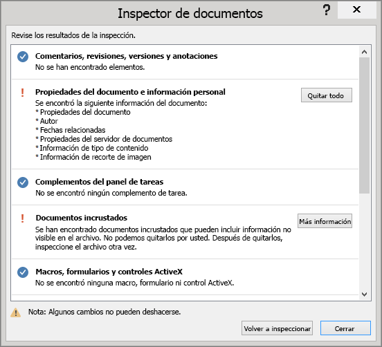 Se muestra el cuadro de diálogo Inspector de documento con la opción Quitar todo