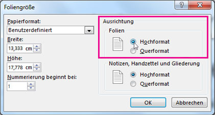 Ändern des Layouts von Folien von Querformat in Hochformat ...