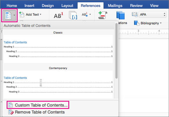 word for mac insert table of contents