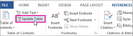 how to update word table of contents only page numbers