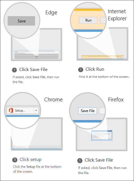 Browser options: in Internet Explorer click Run, in Chrome click Setup, in Firefox click Save File
