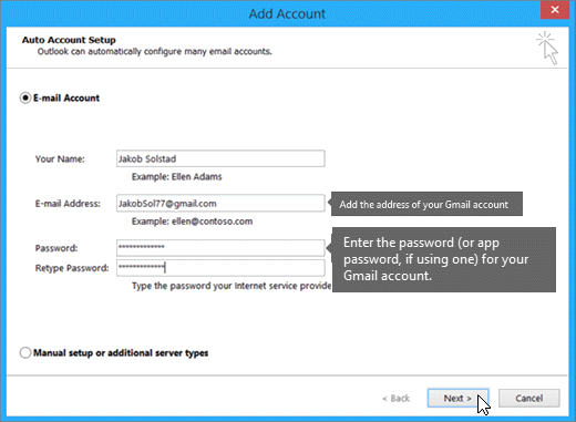 cant set up gmail account in outlook 2013