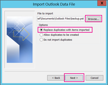 Choose the .pst file you want to import