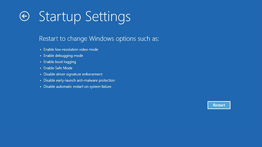 Startup Settings  screen in the Windows Recovery Environment.