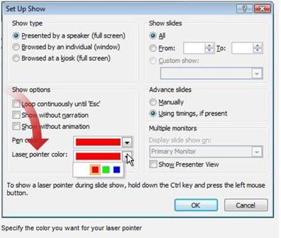 The Set Up Show dialog box, for changing the color of the laser pointer