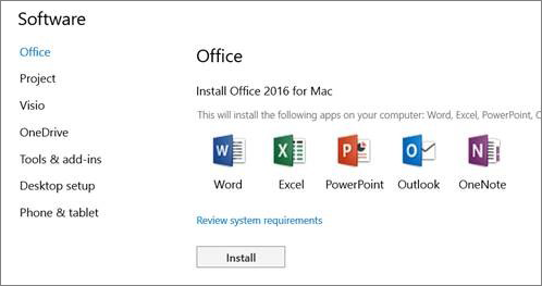 The Office 365 Settings install software screen on a Mac