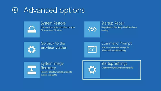 Advanced options screen in the Windows Recovery Environment.
