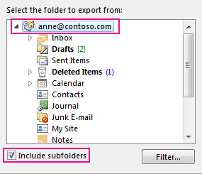 Export Outlook Data File dialog box with top folder selected and Include subfolders checked