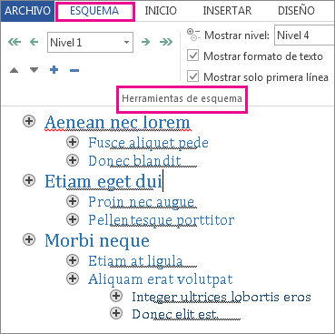 Imagen de algunas herramientas de esquema en el menú Esquema con esquema de muestra en texto Lorem ipsum