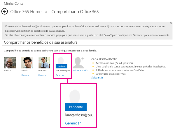 Captura de tela da página Compartilhar o Office 365 com um usuário pendente da assinatura compartilhada selecionado.