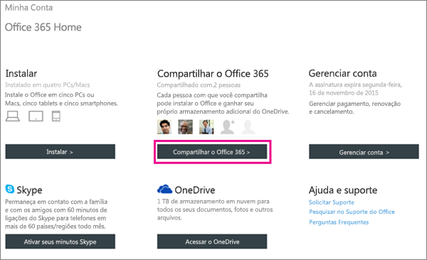 Captura de tela da página Minha Conta com o botão "Compartilhar o Office 365" selecionado.