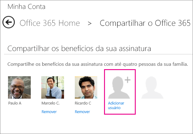 Captura de tela da página Compartilhar o Office 365 com a opção “Adicionar usuário" selecionada.